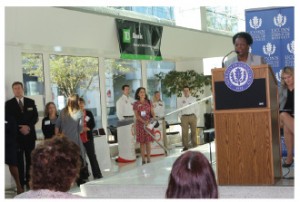 Dr. Sharon White, director of the UConn Stamford campus, addresses the audience.