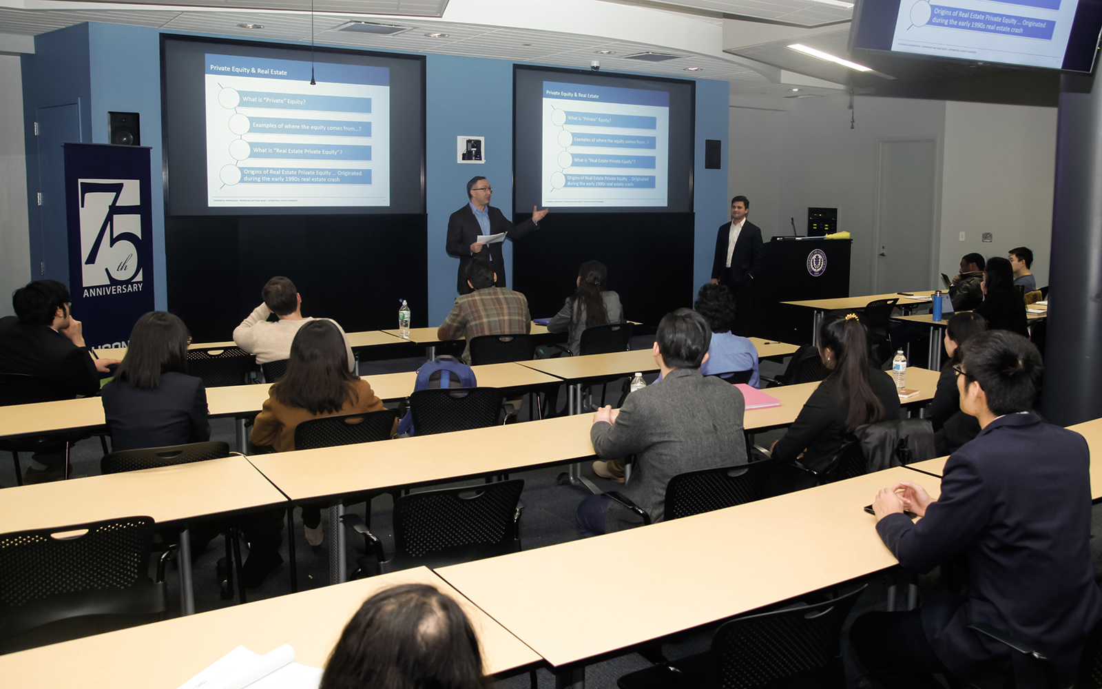 John McCarthy '83, managing director, Global Capital Raising, and Chintan Bhat '07 (ENG), vice president of portfolio management, shared their career experiences at Starwood Capital Group to the Finance Club at the Stamford campus on February 25th. (Ian Hollis/UConn photo)