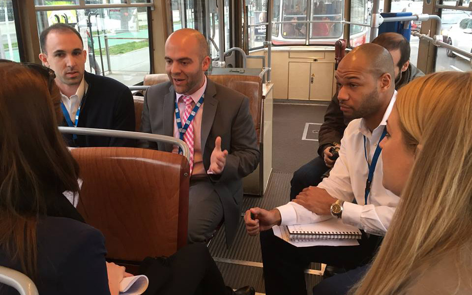 In a twist to The Negotiation Challenge, preparation and negotiations were held on a tram in Vienna, Austria (Nora Madjar/UConn School of Business)