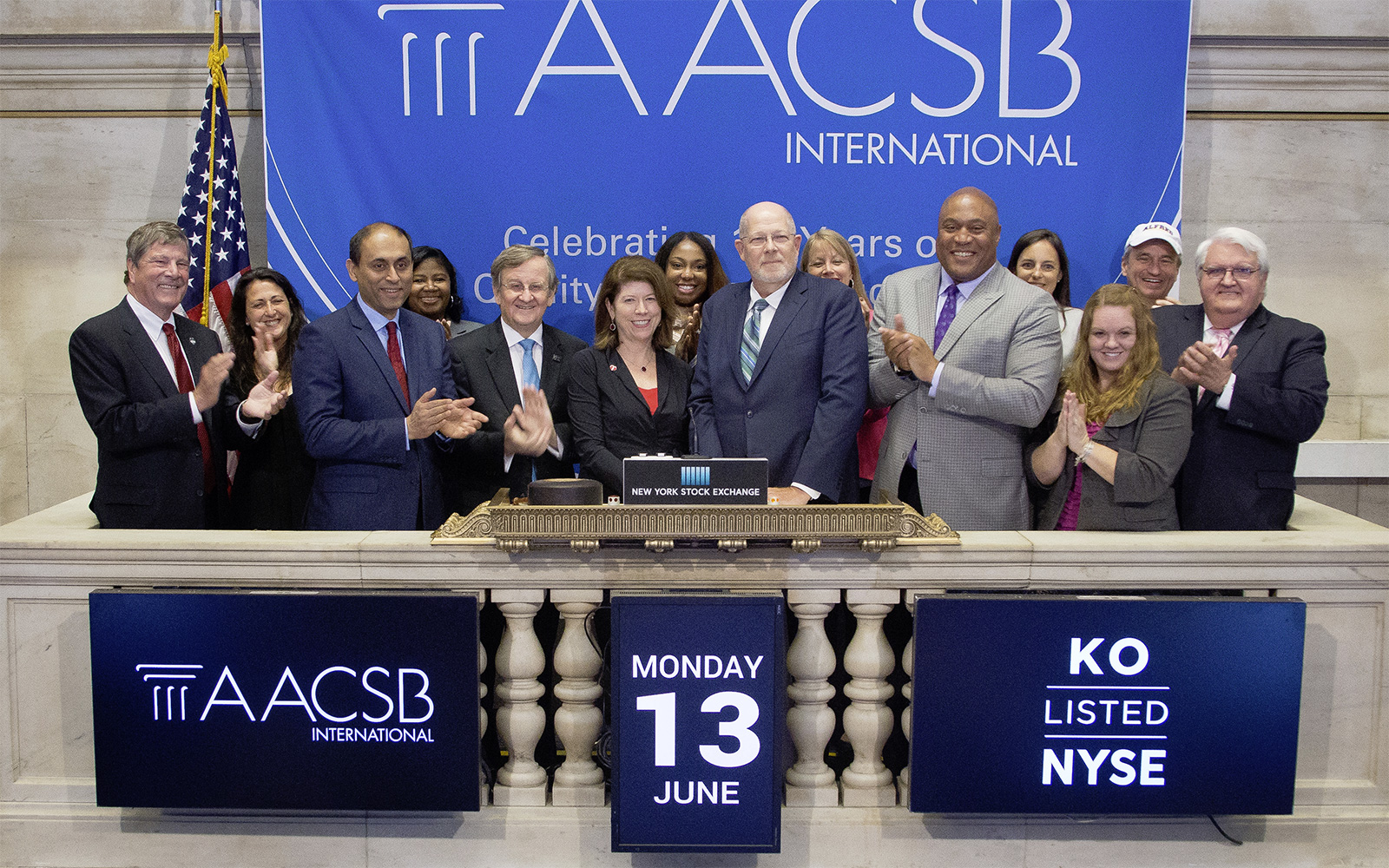 Representatives of AACSB International—the Association to Advance Collegiate Schools of Business, including board member John A. Elliott, dean of the UConn School of Business (far left) rang the closing bell of the New York Stock Exchange on Monday, June 13th in celebration of the organization’s 100th anniversary. The longest serving global association dedicated to advancing management education worldwide, AACSB accredits 761 of the world’s best business schools across 52 countries and territories. The UConn School of Business has been accredited since 1958.