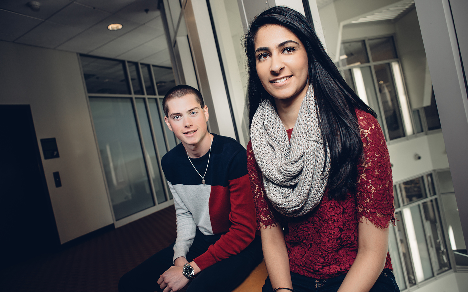 Jeffrey Noonan, left, and Kavisha Thakkar have been selected as two of UConn’s Leadership Legacy scholars, an honor bestowed on the University’s most exceptional students, who have demonstrated leadership, personal accomplishment and academic excellence. (Nathan Oldham/UConn School of Business)