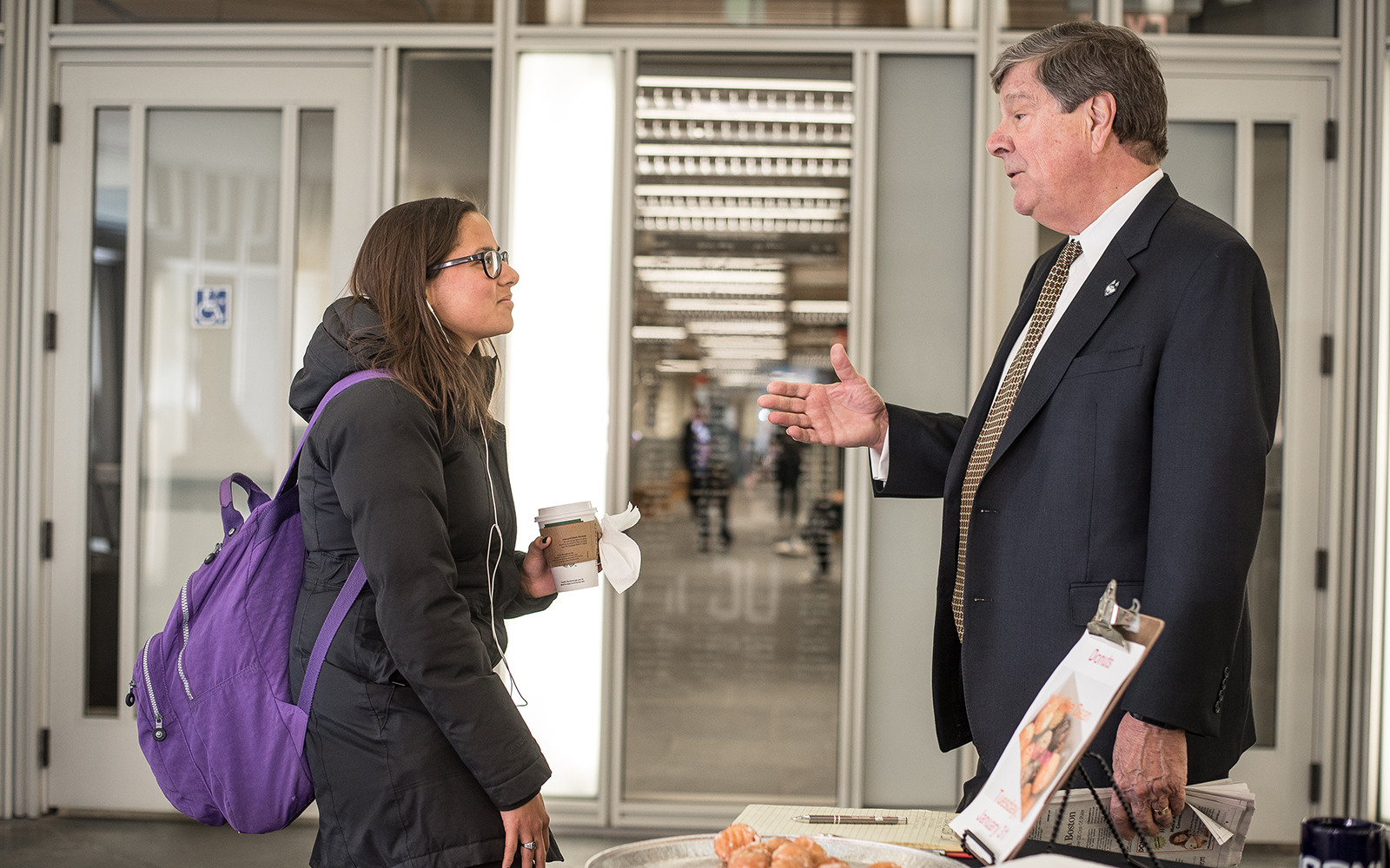 Students stopped for a meet and greet with UConn Business School Dean John Elliott on Tuesday morning. (Nathan Oldham/UConn School of Business)