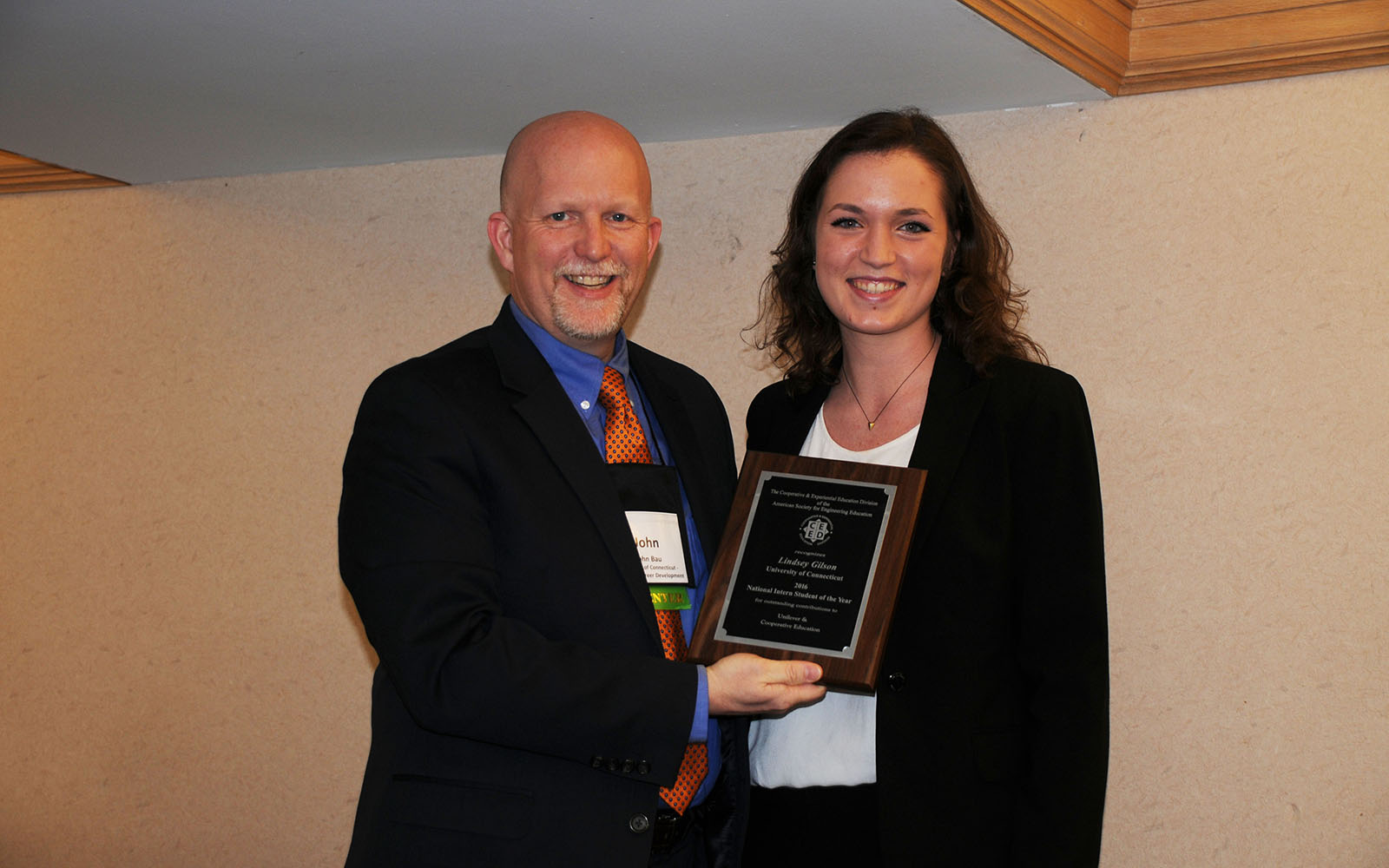 Lindsey Gilson (right) poses with UConn Engineering Career Consultant John Bau at the American Society for Engineering Education Award Ceremony. Bau nominated Gilson for the intern award. (Craig Gunn/ Cooperative and Experiential Education Division of the American Society for Engineering Education.)