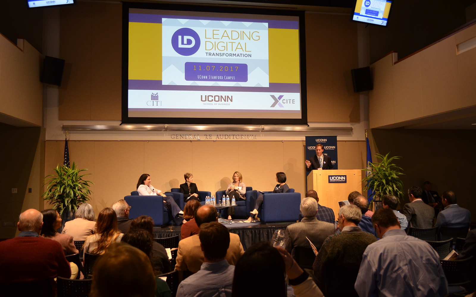 CIO panelists from Synchrony Financial, FactSet, and Stanley Black & Decker talk about Leading Digital Transformation (Katherine Ruiz/UConn School of Business)
