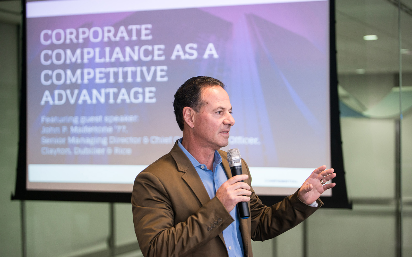 John Malfettone '77 speaks about corporate compliance as a competitive advantage. (Nathan Oldham/UConn School of Business)