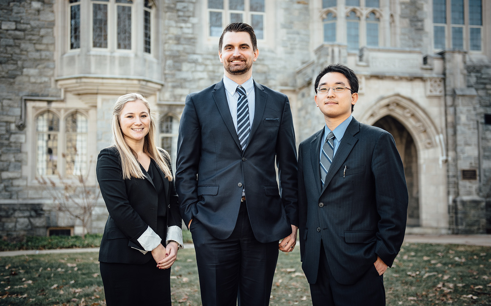 The winning team of the 4th Annual Business/Law Negotiation Competition. From left: Brooke Tinnerello '17, UConn law student, Christopher DiGiacomo '18 MBA, and Steven Lin, UConn law student. (Nathan Oldham/UConn School of Business)