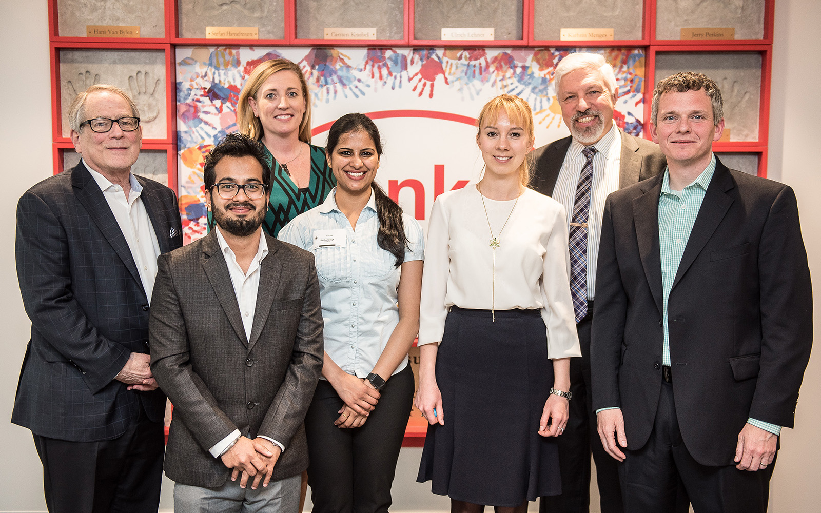 As part of UConn’s Experiential Learning Collaborative (ELC), graduate students worked with Henkel Corp. this spring to identify new opportunities for business growth and competitive advantage. Above are some of the participants, including, from left: Martin Donner, ELC project mentor; Niraj Sharma ’18 MSBAPM; Kimberly Newton, a vice president at Henkel; Ankita Padwal ’18 MSBAPM; Kseniia Poirkina ’18 MBA; Greg Kivenzor, ELC director, and Brad Wade, director at Henkel. (Nathan Oldham/UConn School of Business)