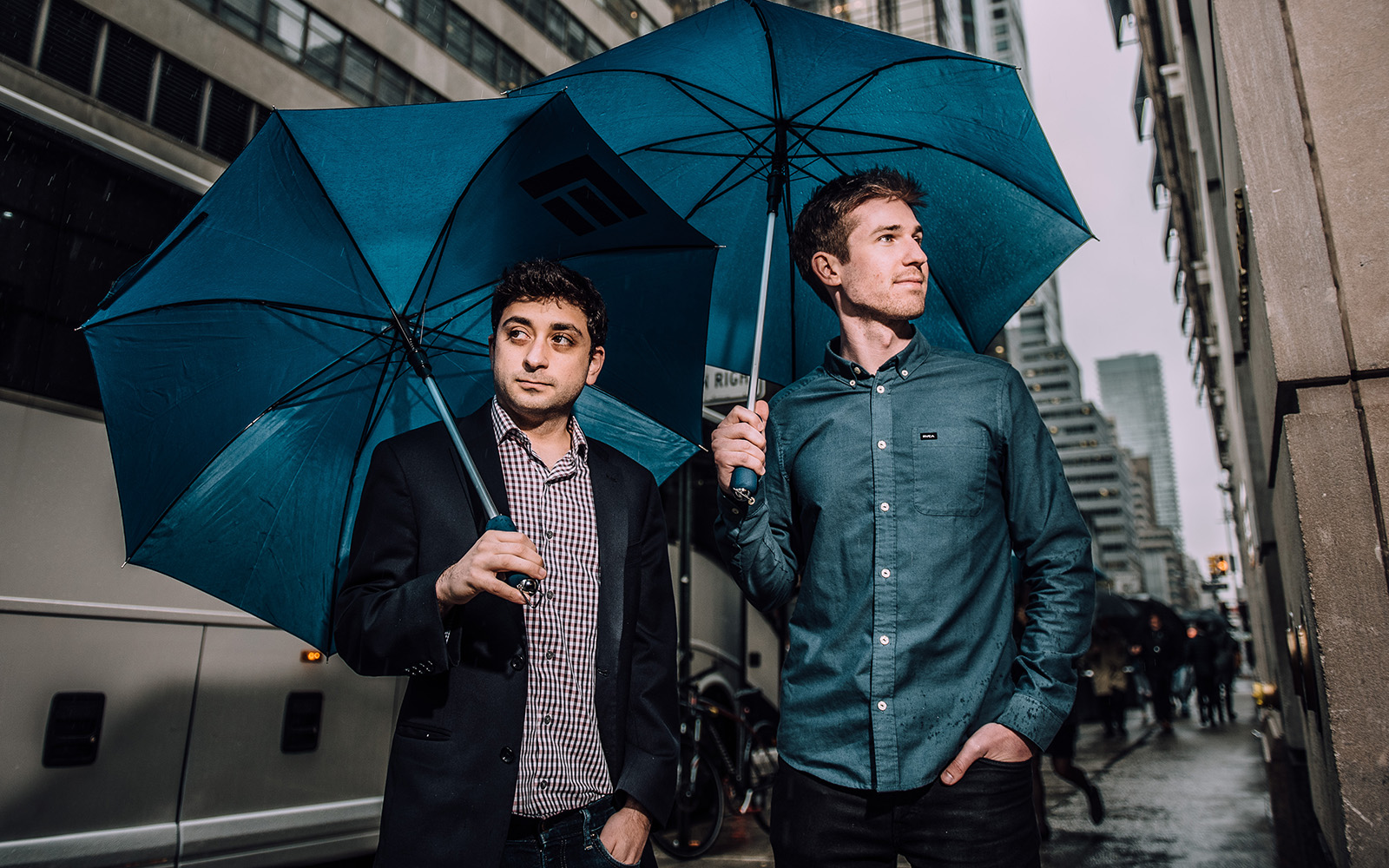 Nadav Ullman '12 (BUS), the CEO, and Thomas Bachant '13 (ENG), co-founder and CTO of Dashride, outside their office on 5th Avenue in New York City. (Nathan Oldham/UConn Photo)