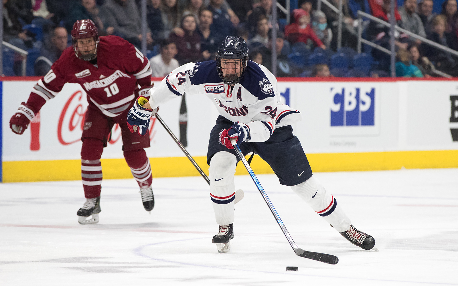 Ben Freeman, above, balances his courseload in the School of Business with being the co-captain of the UConn men's hockey team. (Photo courtesy of UConn Athletics) 