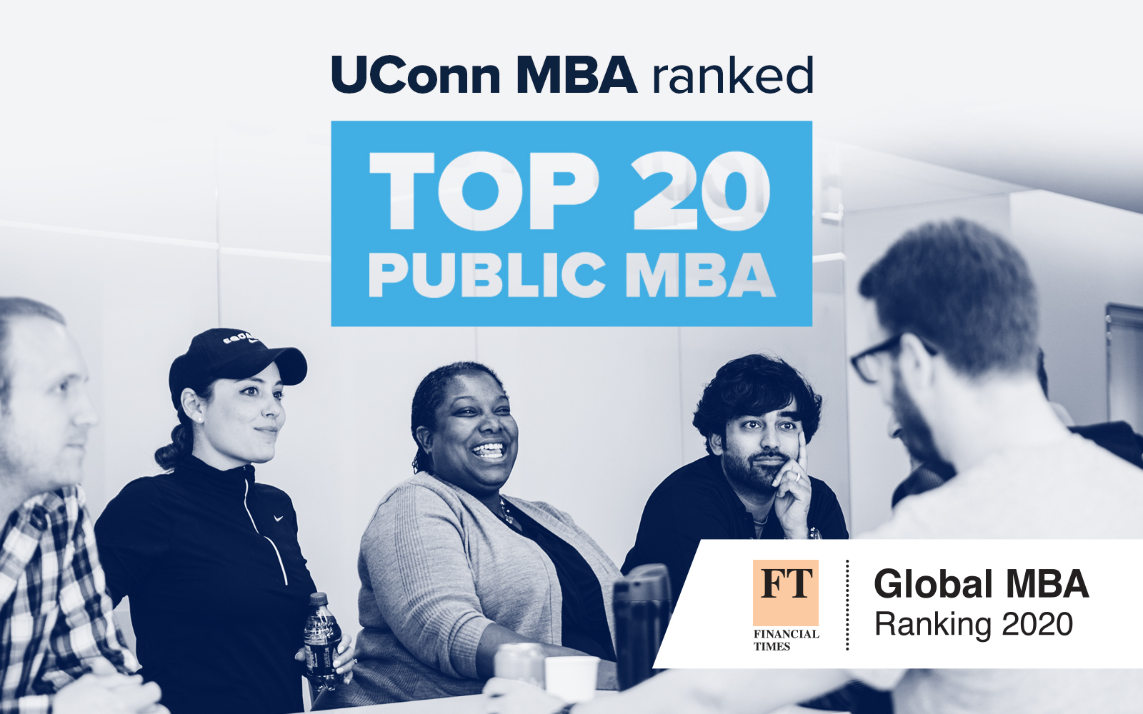Text: UConn MBA Ranked TOP 20 Public MBA - Group of MBA Students, studying.