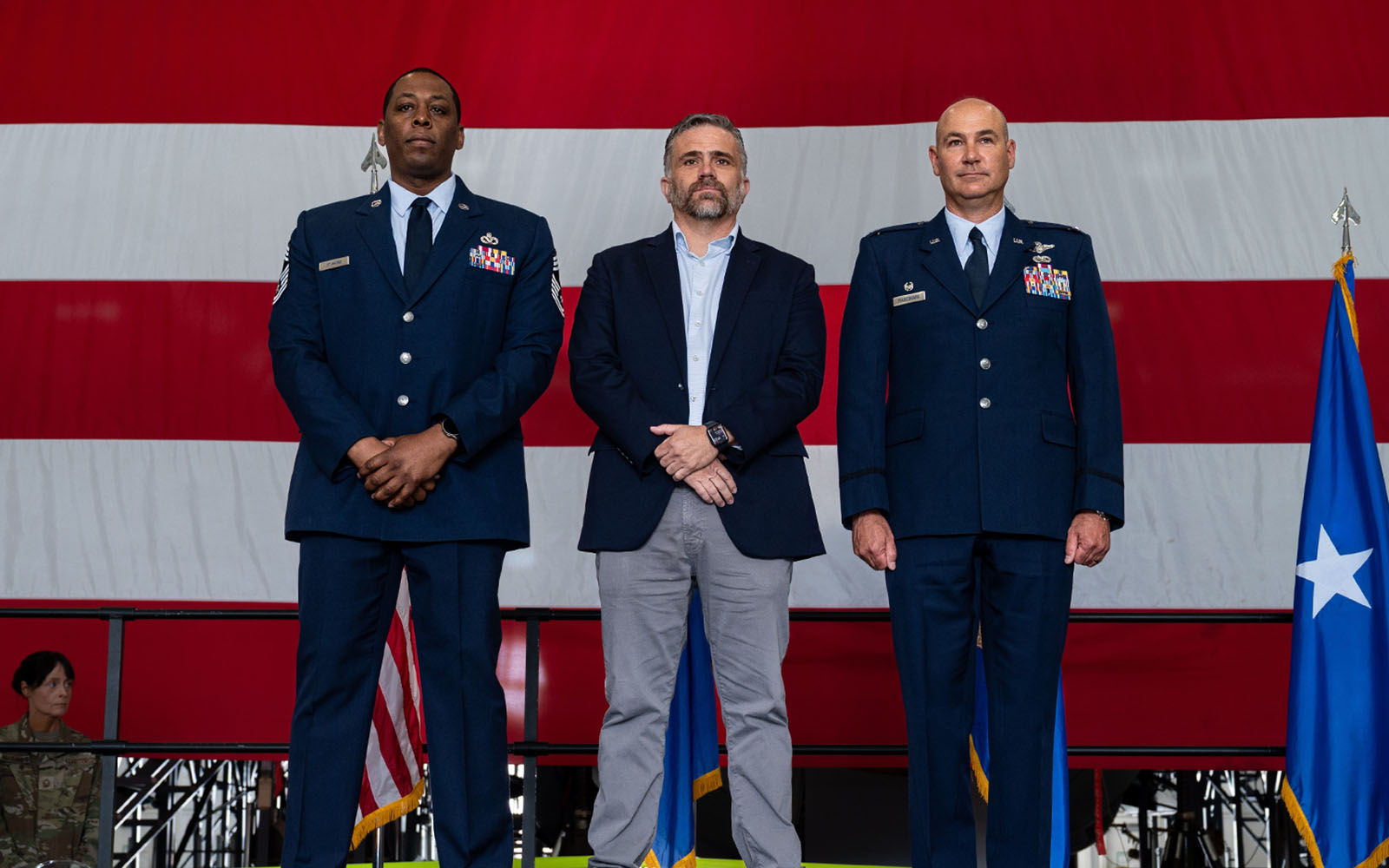 UConn MBA Program's Michael Bozzi was sworn in last month as an Honorary Commander for the Air Force National Guard's 103rd Maintenance Group. Pictured at the ceremony are (from left): First Sgt. Joe Stanford III, Bozzi, and Col. Paul Fiasconaro. (Contributed Photo)