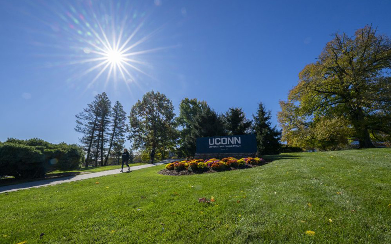 Entryway sign at North Eagleville Road on a fall day.