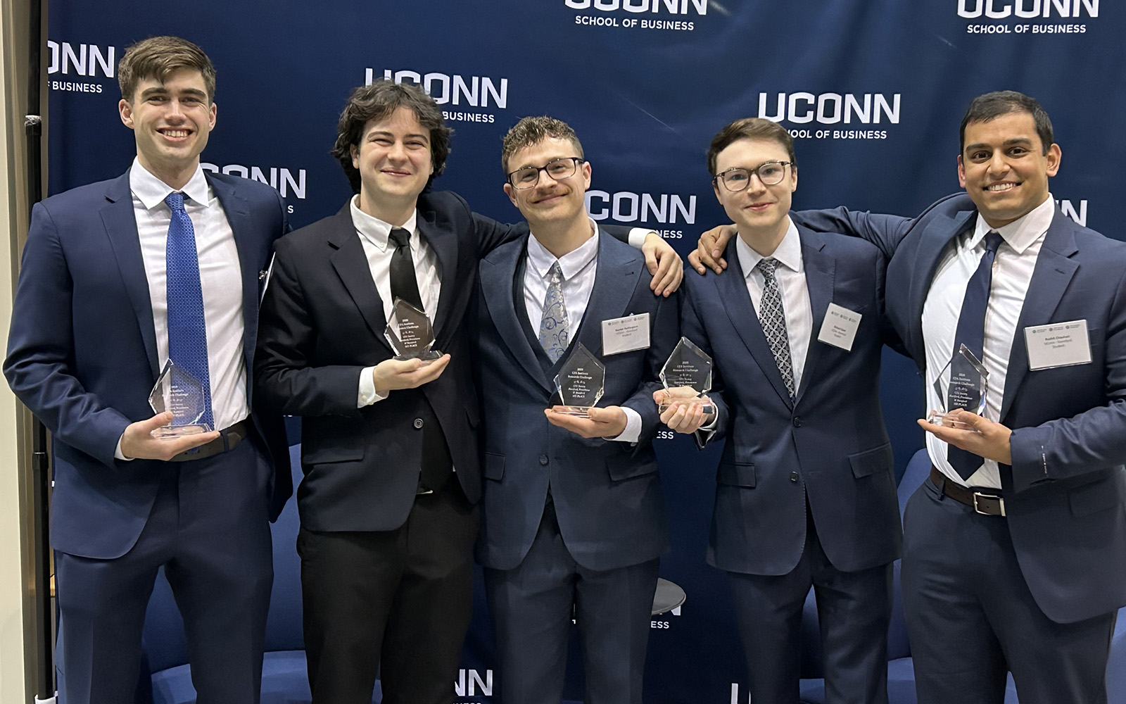 A team of finance students from the Stamford campus took first place in the CFA Research Challenge last week. Pictured from left are: Dylan Haig, Philip Ochocinski, Hunter Baillargeon, Richard Opper, and Rushit Chauhan, all members of the Class of 2026.