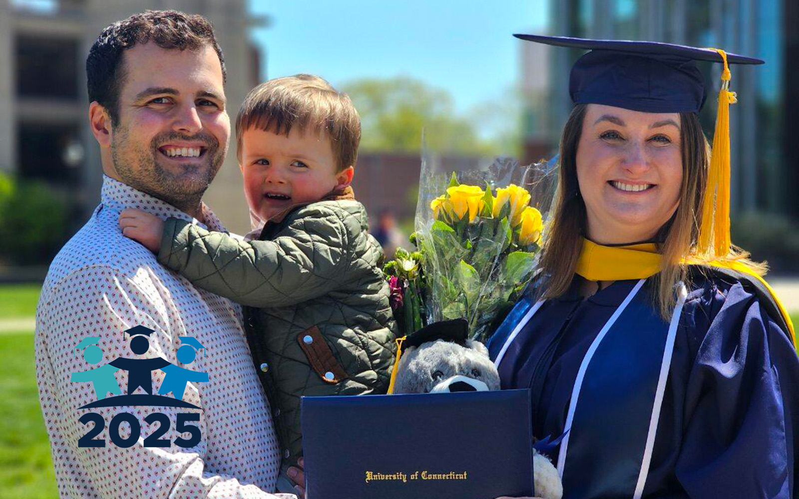 Ashley Silva '25 celebrated the completion of her master's degree in Human Resource Management last spring with her husband, Alex Silva, and 2-year-old son, Aiden. Today she is a vice president at Oak Hill Advisors, a prominent investment firm in New York City.