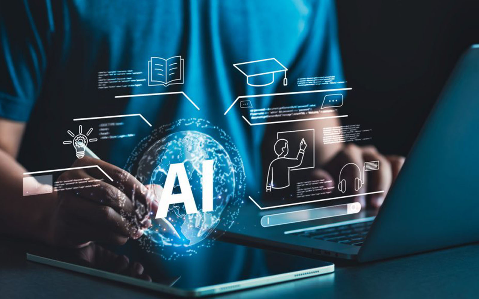 A man types on a keyboard with supermiposed graphics saying "AI" in front of him.